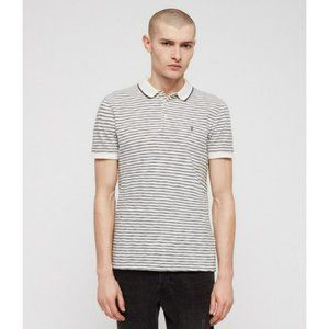 All Saints Polo Shirt White Black Stripped
